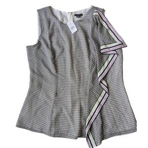 Ann Taylor Factory Geometric Ruffle Sleeveless Blouse Black White Green M NEW